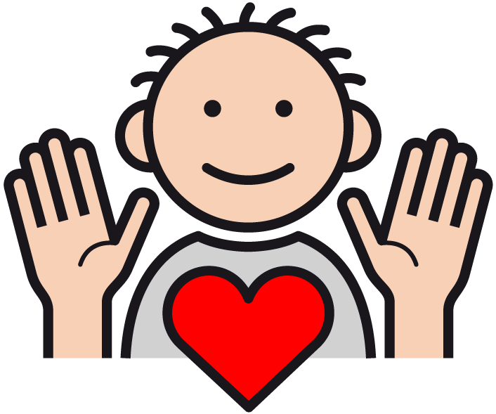In der Abbildung sehen Sie ein Metacom-Symbol, das "Herzlich willkommen" bedeutet. Das Symbol stellt einen Jungen mit offenen Armen als Zeichen des Willkommens mit einem roten Herz als Zeichen von "herzlich" dar.