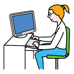 Das Bild zeigt ein ARASAAC-Symbol, das eine am Computer arbeitende Person darstellt. 