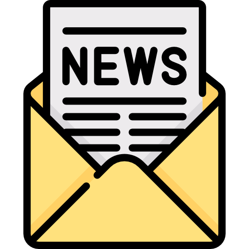 Die Illustration zeigt ein Flaticon-Symbol, das das Wort "Newsletter" darstellt. Das Symbol besteht aus einem Briefumschlag, der ein Blatt mit dem englischen Wort "news" enthält, das auf Deutsch "Nachricht" bedeutet. 