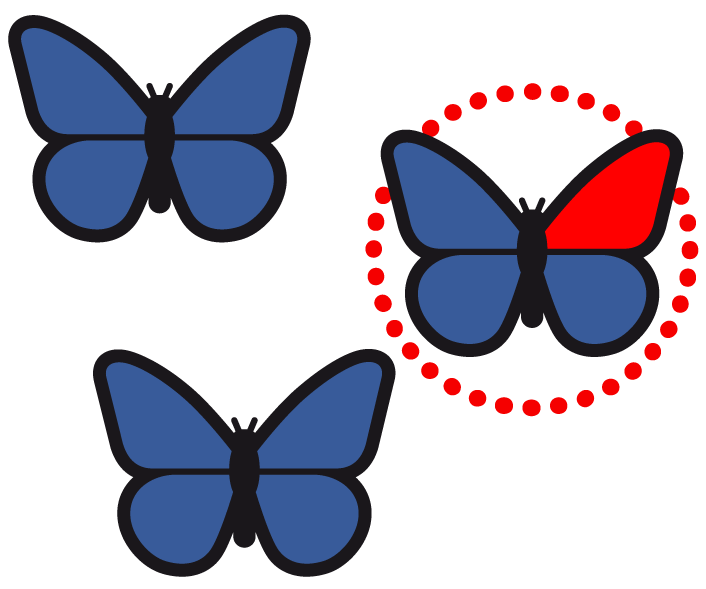 ein Metacom-Symbol, das das Wort "Spezial" darstellt. Das Symbol zeigt drei Schmetterlinge mit blauen Flügeln, von denen nur einer auch einen roten Flügel hat. 
